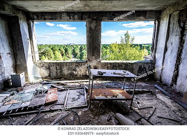 Office room of abandoned Jupiter Factory in Pripyat ghost town of Chernobyl Nuclear Power Plant Zone of Alienation in Ukraine