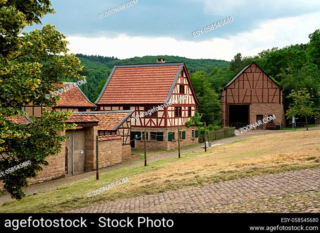 BAD SOBERNHEIM, GERMANY - JUNE 26, 2020: Panoramic image of old half-timber houses, village outdoor museum in Bad Sobernheim on June 26, 2020 in Germany
