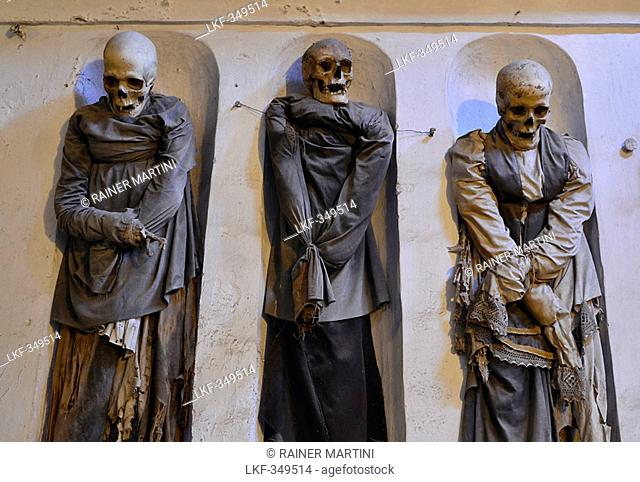 Three mummies, catacombs, Abbey dei Cappuccini, Palermo, Sicily, Italy