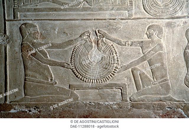 Making jewellery, relief, interior of the mastaba of Mereruka, Saqqara (Unesco World Heritage List, 1979). Egyptian civilisation, Old Kingdom, Dynasty VI
