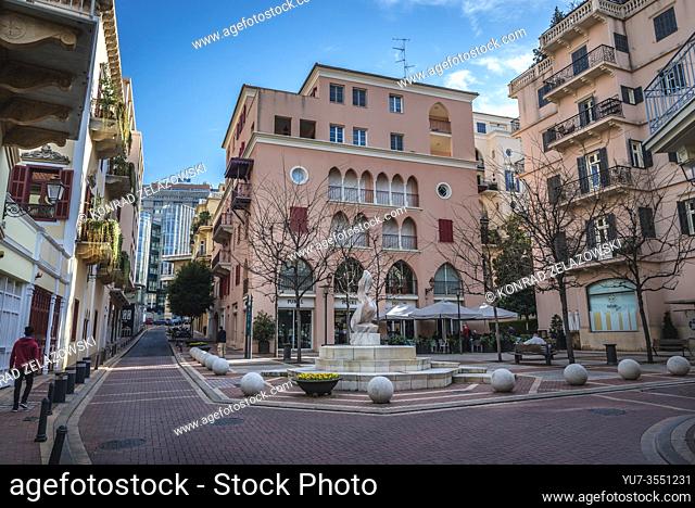 Small square with Purrl Gallery jewellery shop and Paname restaurant in Saifi Village residential upscale neighbourhood located in Beirut, Lebanon