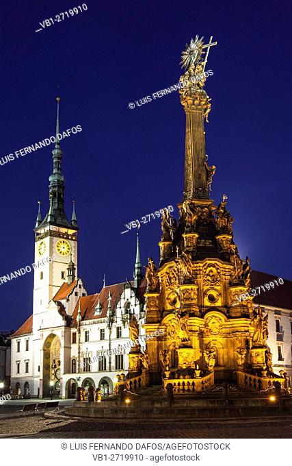 Holy Trinity Column and Town Hall at night. Olomouc, Moravia, Czech Republic