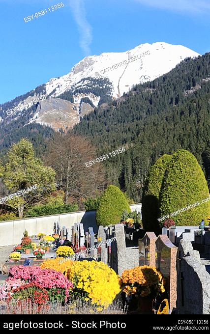 Chrysanthemums. All Saints' day. Cemetery Contamines-Montjoie. Haute-Savoie. Auvergne Rhône-Alpes. France. Europe