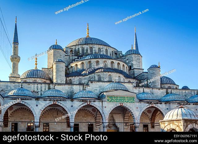 The Sultan Ahmed Mosque known as the Blue Mosque is an historic mosque in Istanbul, Turkey. View from inner courtyard