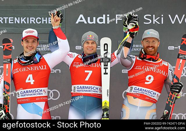 02 February 2020, Bavaria, Garmisch-Partenkirchen: Alpine skiing: World Cup, giant slalom, men, 2nd run. Loic Maillard (l-r) from Switzerland (second place)