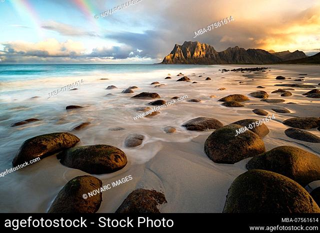 Uttakleiv in morning light with rainbow, Vestv†g›y, Lofoten, Norway