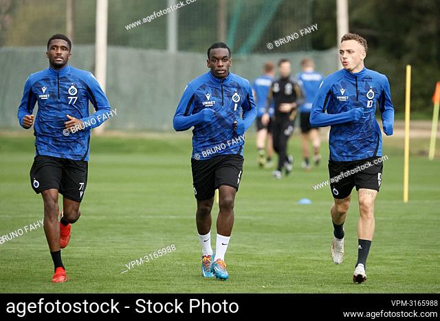 Club's Clinton Mata, Club's Faitout Maouassa and Club's Noa Lang pictured during a training session at the winter training camp of Belgian soccer team Club...