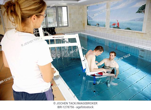 Transport lift for individual therapy in a heated pool, physical therapy in a neurological rehabilitation centre, Bonn, North Rhine-Westphalia, Germany, Europe