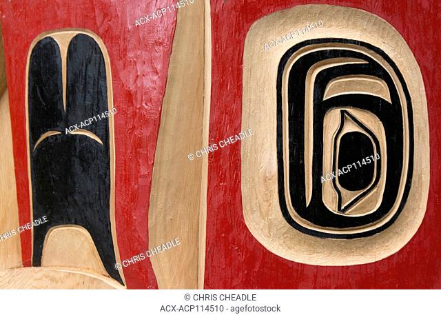 New pole details, by Christian White and apprentices at Hiellen Longhouse Village, Tow Hill, Haida Gwaii, formerly known as Queen Charlotte Islands