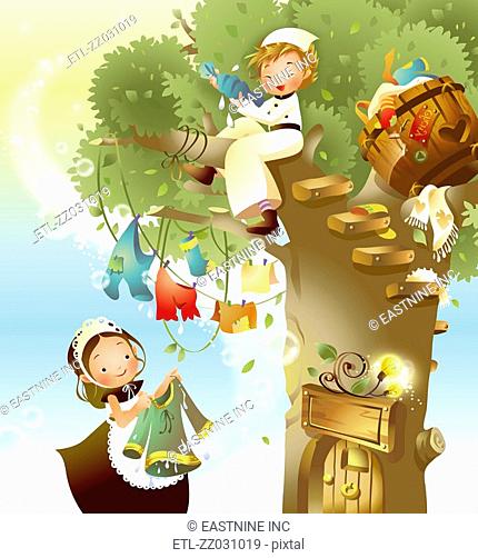 Girl drying clothes with a boy sitting on a tree branch