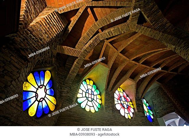 spain, Catalonia, Barcelona, church Colonia Güell, colorful-glass-windows, detail, city, sight, Lord's house, sacral-construction, belief, religion