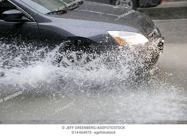 Florida, Miami, Flagler Street, rain, flooding, car, splash, weather, downpour