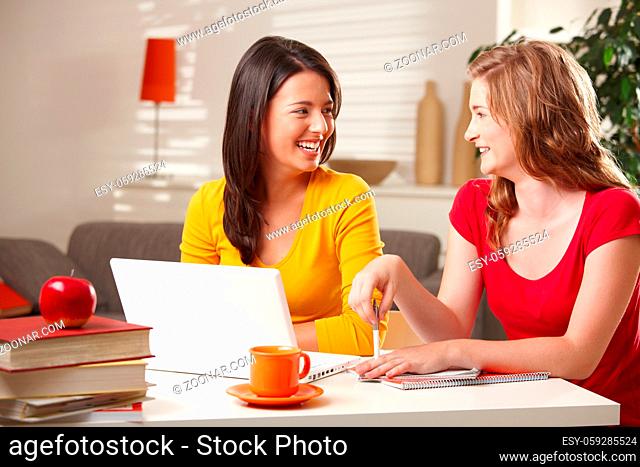 Happy schoolgirls laughing at each other sitting at table at home with laptop and books