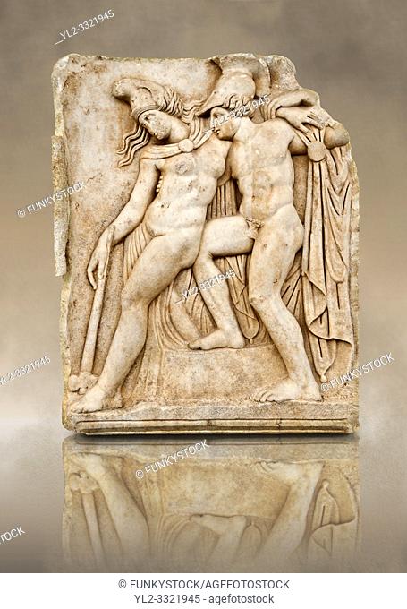 Roman temple freize relief sculpture of Achilles and a dying Amazon, Aphrodisias Museum, Aphrodisias, Turkey. Achilles supports the dying Amazon queen...
