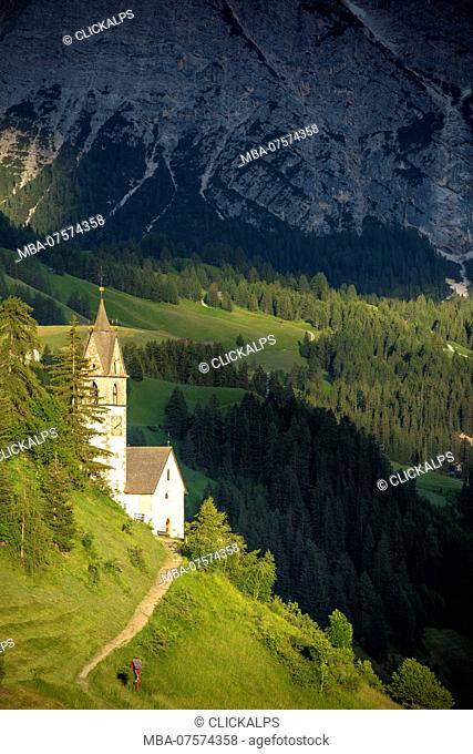 La Valle / Wengen, Alta Badia, Bolzano province, South Tyrol, Italy, The St, Barbara chapel at sunset