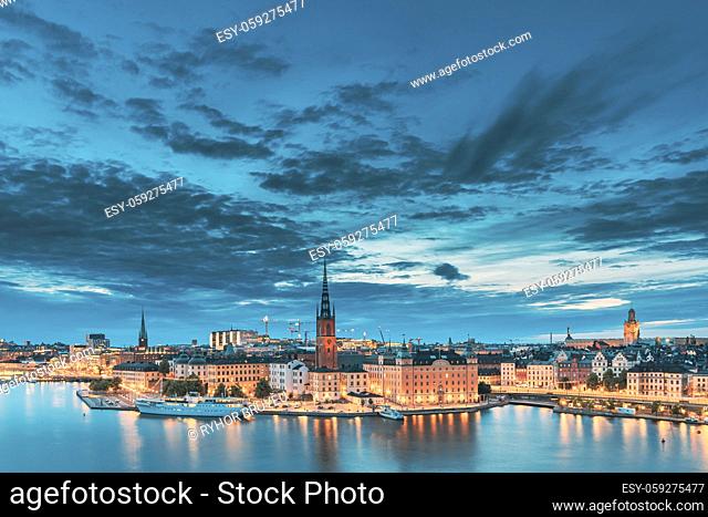 Stockholm, Sweden. Scenic View Of Stockholm Skyline At Summer Evening. Famous Popular Destination Scenic Place In Dusk Lights
