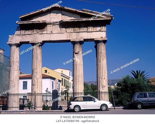 Plaka. Roman columns, pillars. Pediment. Roman market. Car parked. ArchitectureHistorical