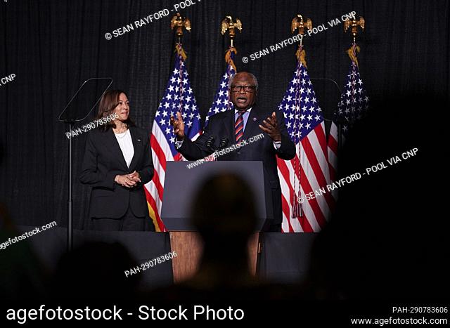 United States House Majority Whip James Clyburn (Democrat of South Carolina), right, addresses a crowd with Vice President Kamala Harris during the South...