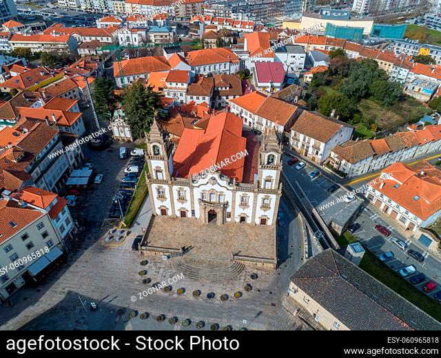 Aerial top view of old historic town Viseu with church, Portugal
