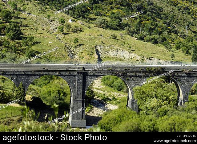 Viaduct. Alcantara Valley (Valle dell'Alcantara). View from Randazzo, Metropolitan City of Catania, Sicily, Italy