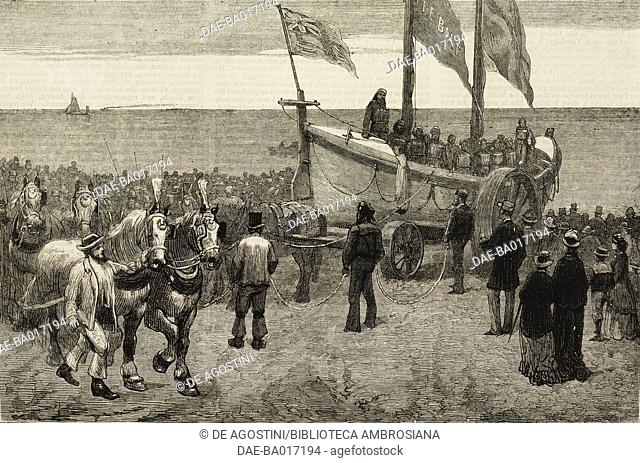 Launch of the Freemasons' life-boat Albert Edward at Clacton-on-Sea, United Kingdom, illustration from the magazine The Graphic, volume XVIII, no 451, July 20