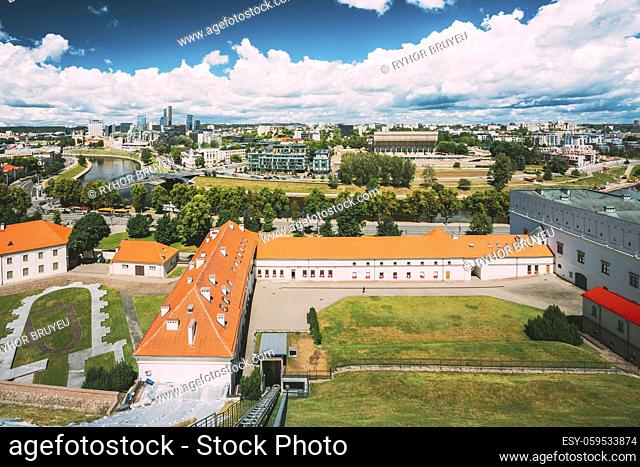 Vilnius, Lithuania. Modern City And Part Of Old Town. Behind New Arsenal At Northern Foot Of Castle Hill, One Can Spot Foundation Of Church Of St