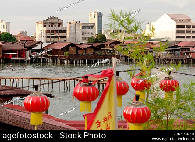 GEORGETOWN, MALAYSIA - JANUARY 18, 2016: closeup view of Hean Boo Thean Kuanyin Chinese Buddhist temple in Clan Jetties. Built on stilts over the harbor George...