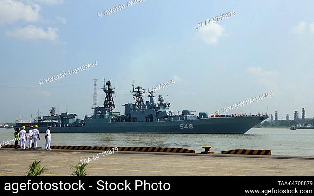 BANGLADESH, CHITTAGONG - NOVEMBER 12, 2023: The Russian destroyer Admiral Panteleyev of the Russian Navy's Pacific Fleet arrives at the city port