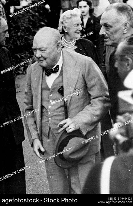 The Prime Minister On Holiday: Mr. Winston Churchill followed by Mrs. Churchill, arriving fro the ceremony.Mr. Winston Churchill who with Mrs