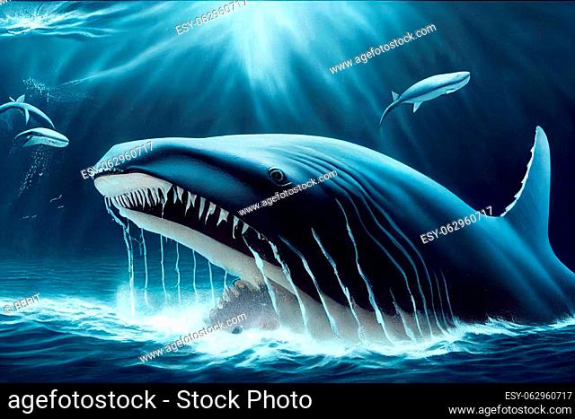 Illustration of a megalodon shark, prehistoric sea creature, predator of pliocene, extinct species
