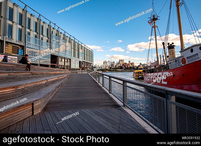 New York City - USA - Oct 18 2019: Pier 15 at the South Street Seaport at daytime in Autumn