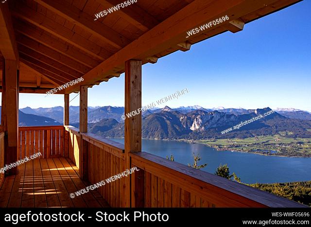 Scenic view of mountains and Mondsee lake seen from observation point, Salzkammergut, Austria