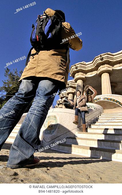 Park Güell. Garden complex with architectural elements situated on the hill of el Carmel. Designed by the Catalan architect Antoni Gaudí and built in the years...