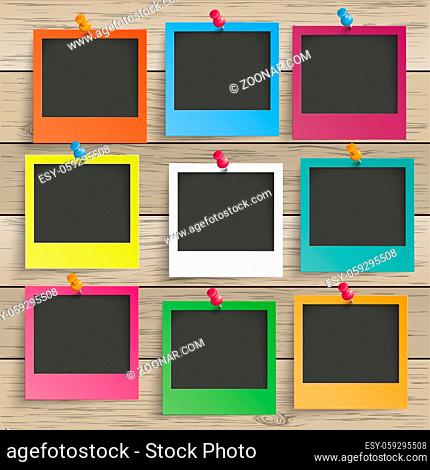 9 colored photo frames on the wooden background. Eps 10 vector file