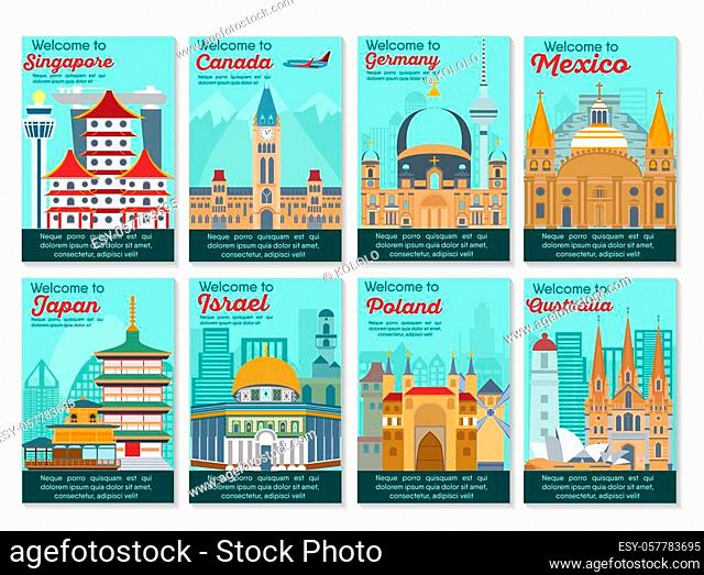 Set of different cities for travel. Landscape template flyer. Landmarks banner in vector. Travel destinations cards. Canada, Germany, Japan, Israel, Poland