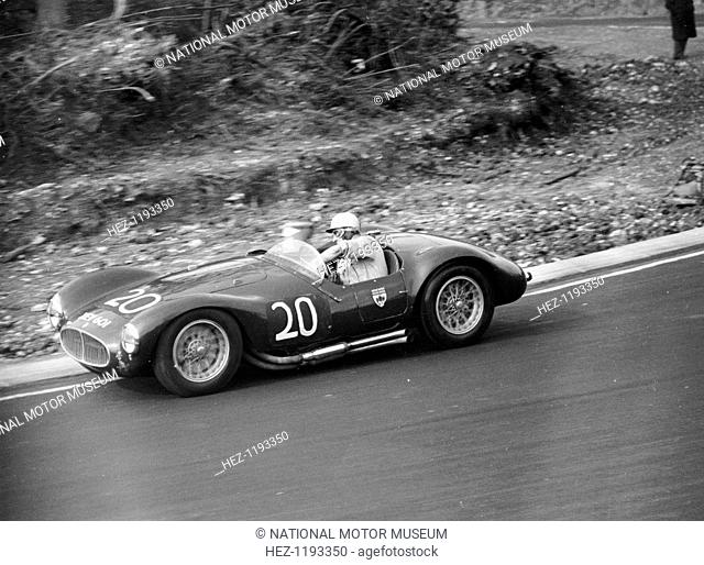 Roy Salvadori driving a 1953 Maserati at Brands Hatch, Kent, 1954. He began racing in 1947 and graduated to Formula 1, driving among others a 2 litre sports...