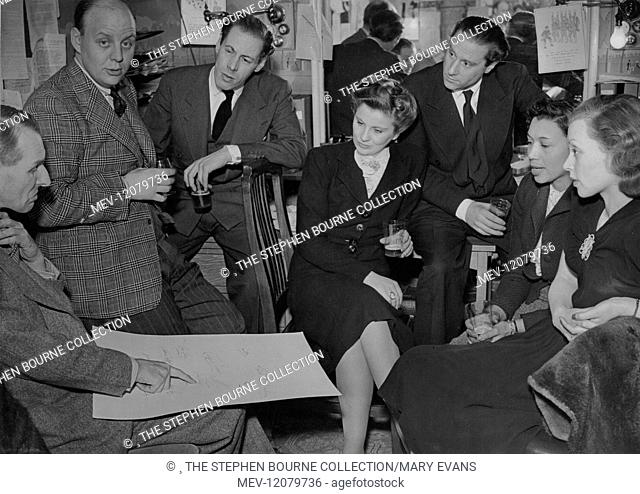 Elisabeth Welch with (from left to right) Cecil Madden, Gerry Wilmot, Rex Harrison, Diana Wynyard, Carol Reed and Lilli Palmer backstage at the Haymarket...