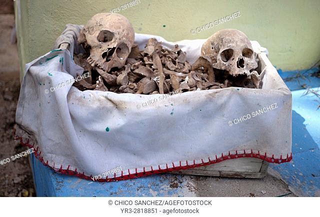 Bones are displayed in the Mayan village of Pomuch, Hecelchakan, Campeche, Yucatán península, October 30, 2016, as part of Day of the Dead celebrations in...