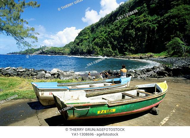 Local fishing boats, port of Anse des cascades (between Piton Sainte Rose and Bois Blanc), La Reunion island (France), Indian Ocean