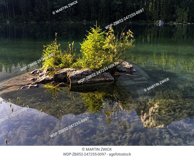 The romantic lake Hintersee at the NP Berchtesgaden. Europe, Central Europe, Germany, Bavaria