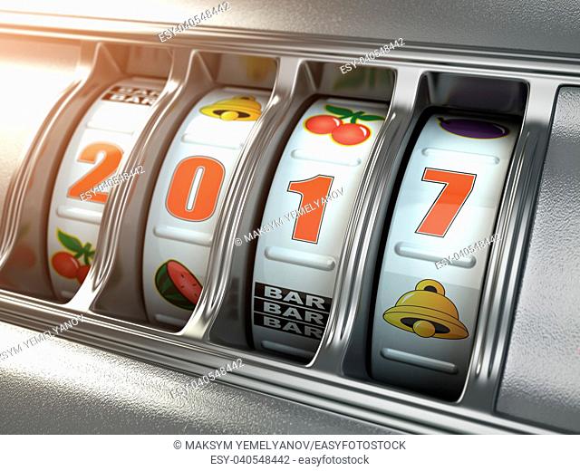 Happy New Year 2017 in casino. Slot machine with number 2017. 3d illustration