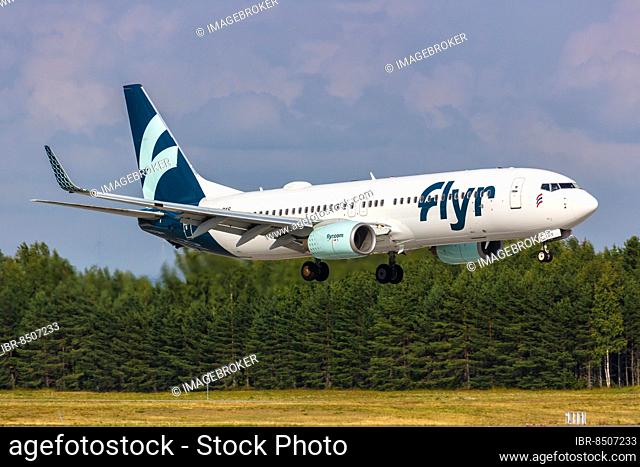 A Flyr Boeing 737-800 aircraft with registration LN-DYS at Oslo Gardermoen Airport, Norway, Europe
