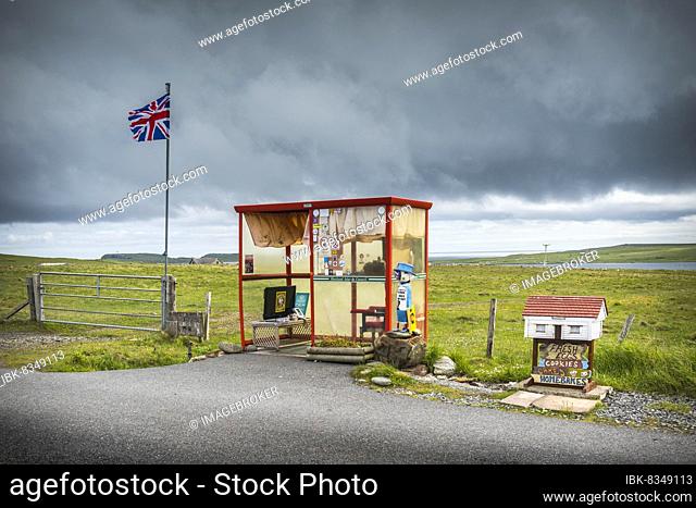 The Unst Bus Shelter, lovingly decorated for the Queen's 70th Jubilee, Baltasound, Unst, Shetland Islands, Scotland, United Kingdom, Europe