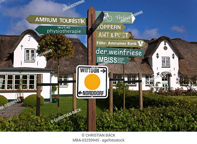 Signpost, houses, village Nebel, island Amrum, the North Sea, national park Schleswig-Holstein Wadden Sea National Park, Schleswig - Holstein, Germany