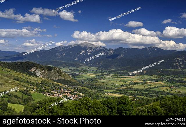 Panoramic view of the Cerdanya valley, seen from near Ardòvol village (Cerdanya, Catalonia, Spain, Pyrenees)