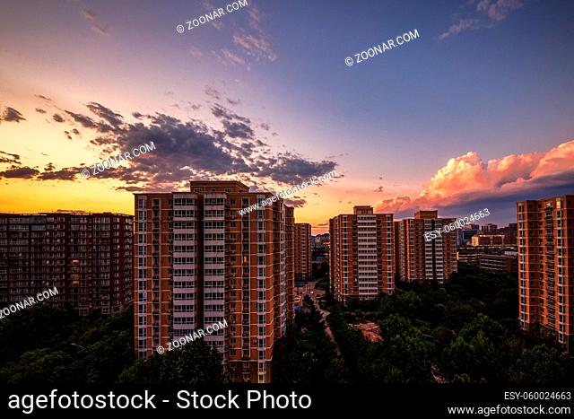 City Urban Apartment Buildings Residential District Sunset Sky Landscape Cityscape Asia