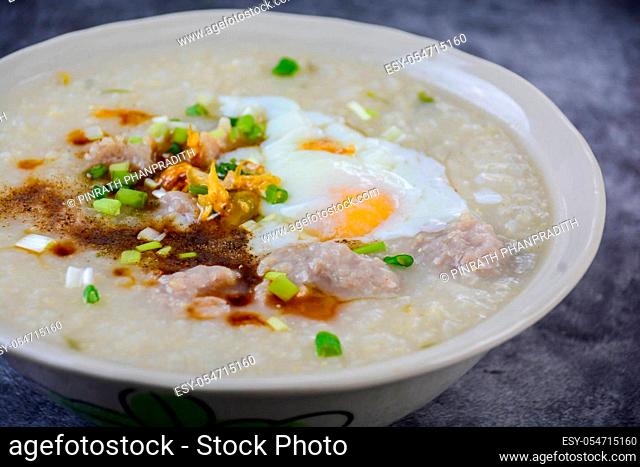 Congee, Rice porridge with minced pork, boiled egg, great for breakfast.