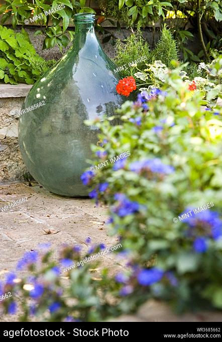 Glass vase with flower pots on terrace in garden