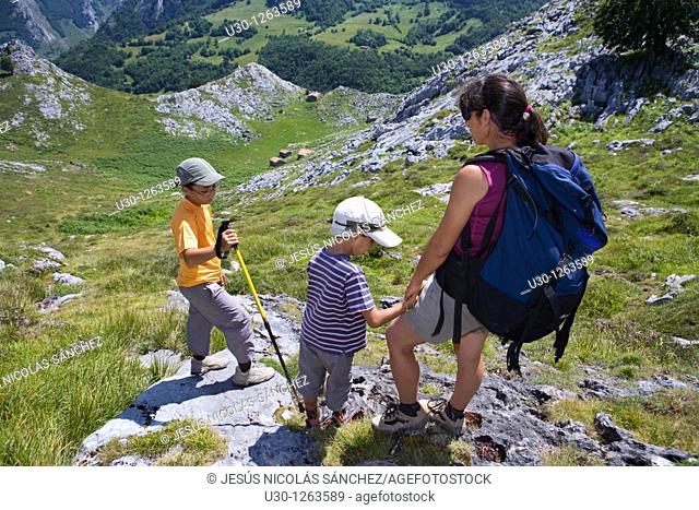 Family practice mountaineering in the Urrieles massif, in the Picos de Europa National Park, Asturias, Spain