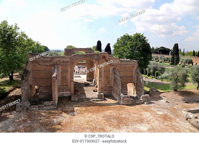 Tivoli, Italy - April 21, 2014: Ancient ruins of Hadrian's Villa (Villa Adriana in Italian) is a large Roman archaeological complex at Tivoli, Italy in April 21